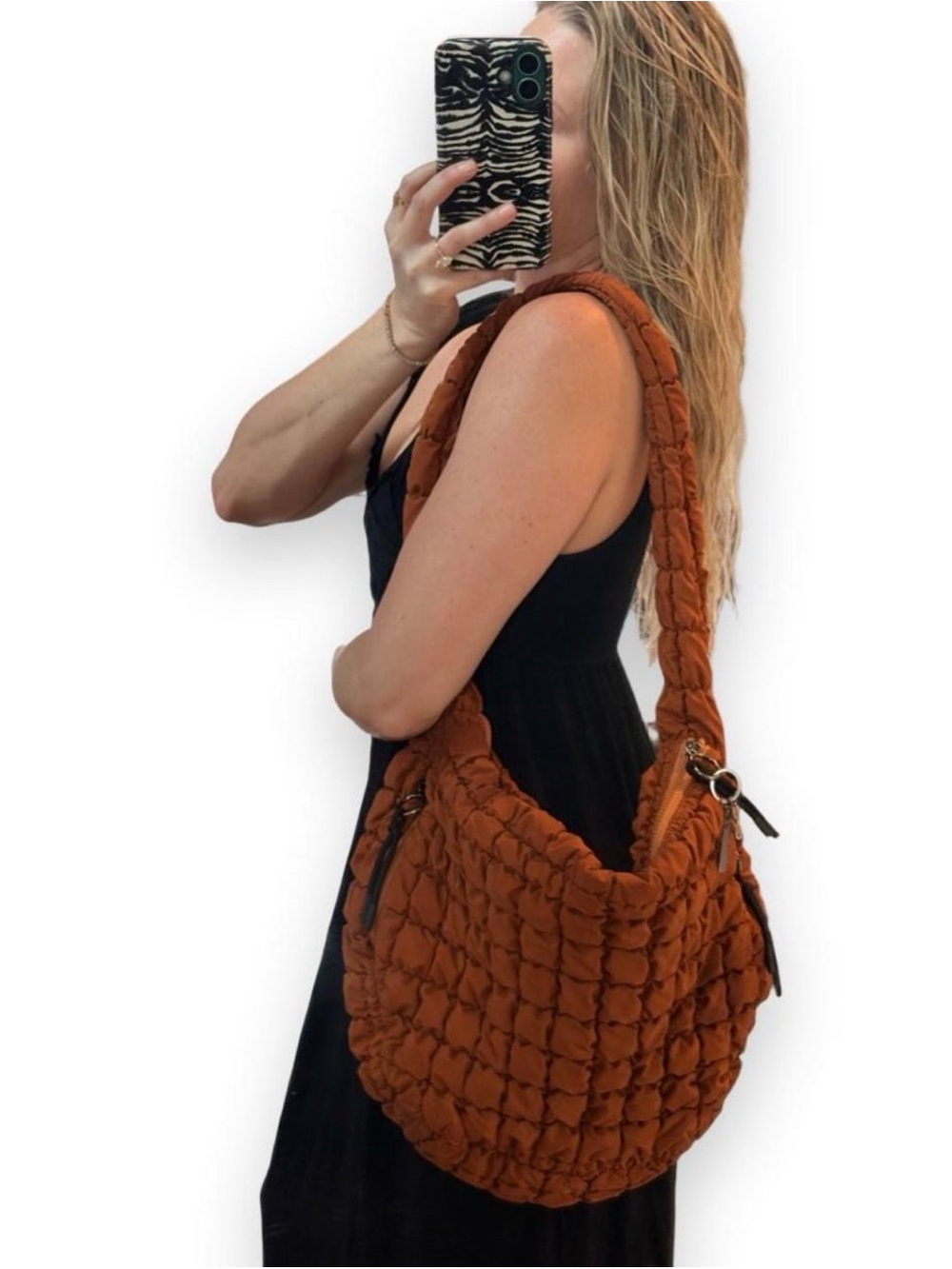 Woven Shoulder Quilted Hobo Bag in Rust